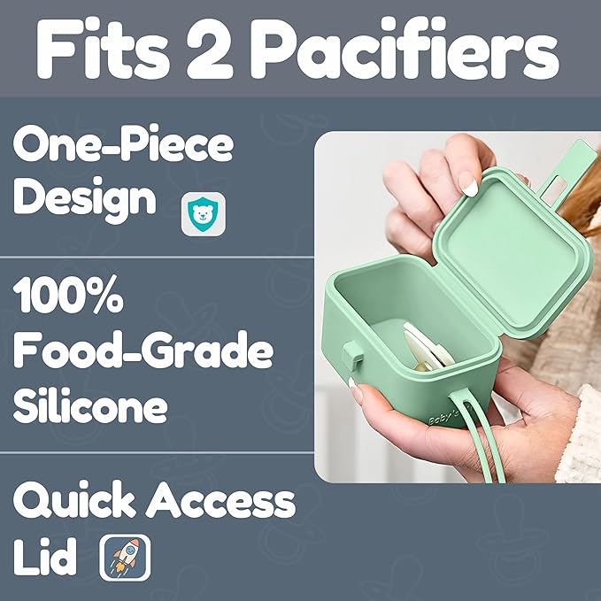 Baby's Aid Silicone Pacifier Case, No Open Slot with Patented Closure, Dishwasher Safe, Attaches to Diaper Bag or Stroller, Holds 2 Pacifiers, (Sage)