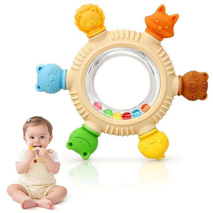 Teething Ring Toys 3-6 Months, BPA-Free Silicone Infant Rattle Teethers for Babies 6-12 Months, Baby Essentials Teething Relief Sensory Chew Toys, Baby Gifts for Boys and Girls