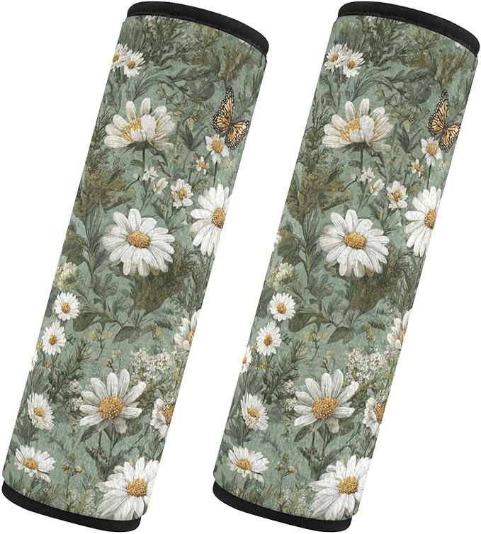 2 Pack Seatbelt Covers Seat Belt Cover Pad for Adults Boys Girls Car Seat Strap Covers Pads Cushion Universal Shoulder Strap Pad Protector for Backpack Camera Bag 6.5 Inch Summer Daisy Butterfly Green