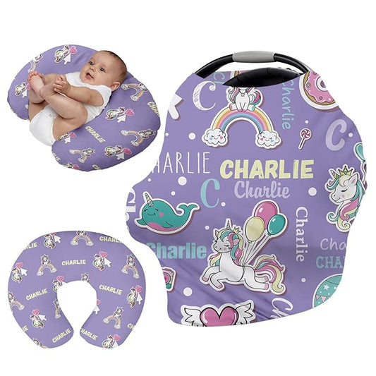 Personalised Infant Car Seat for New Parents - Purple Horse Print Baby Carseat Cover, Breast Feeding Cover, Multi-Function pad for Boys Girls - Christma Gift for Parent Babies(27"x29")