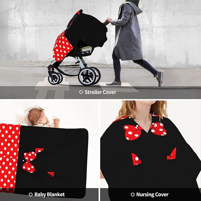Red Polka Dot Bow Black Car Seat Canopy Cover, Universal Fit for Infant Car Seats，Breathable,Multi-Use Nursing Cover, Gift Ready