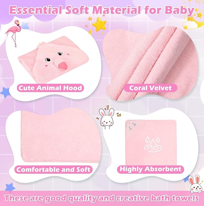 Sublaga 8 Pcs Baby Towel Set, Soft Baby Bath Towels and Washcloths Set, 2 Pcs 32x32 in Cute Baby Towel with Hood and 6 Pcs Baby Washcloths for Infants, Toddlers and Kids (Pink Kitten & Flamingo)