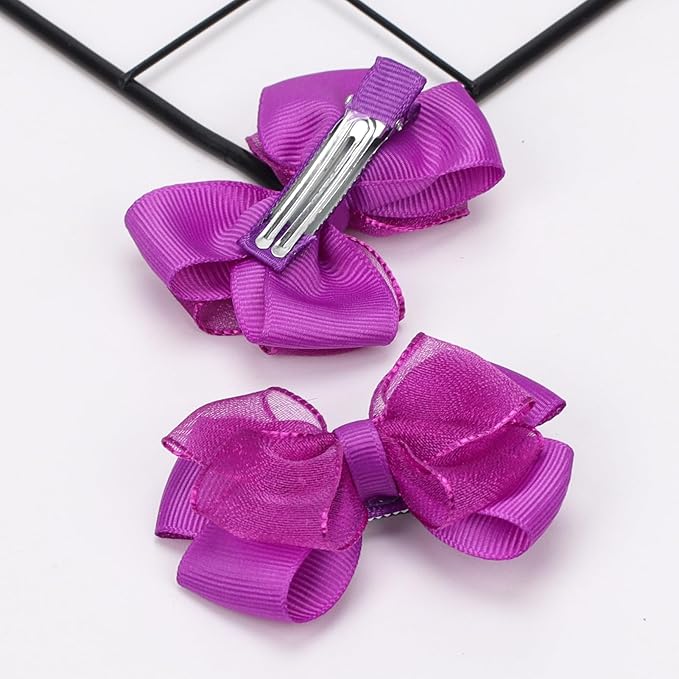 Tiny 3 Inch Organza Double Hair Bow Clips - Lined Boutique Alligator Hairpin for Baby Girls, Toddlers, and Little Teens - Kids Barrettes Set of 2 Small Stylish (Deep Purple)