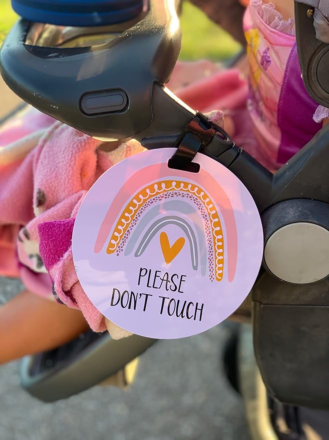 (Three Little Tots) No Touching Baby Car Seat and Stroller Two Pack- Baby Safety No Touching Car Seat Sign, Stroller Sign, Newborn Car Seat Tag- CPSIA Safety Tested (Rainbow/Black & White)