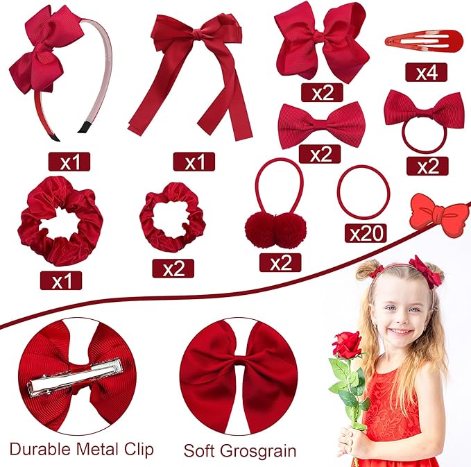 LACGO Pack of 37 School Uniform Hair Accessories - Hair Bow Clips Grosgrain Bow Headband Ribbon Alligator Ponytail Holder for Toddlers Teen Girls Uniform Christmas Party Prom (Burgundy)