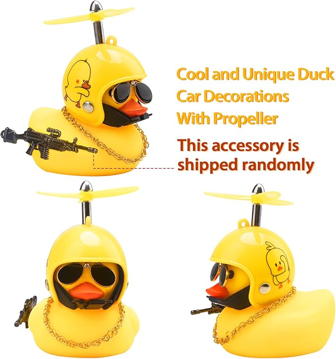 wonuu Rubber Duck Car Ornaments Cool Yellow Duck Car Dashboard Decorations Squeaky Glasses Duck with Propeller Helmet for Car ccessories Dashboard (Duckling-Yellow G)