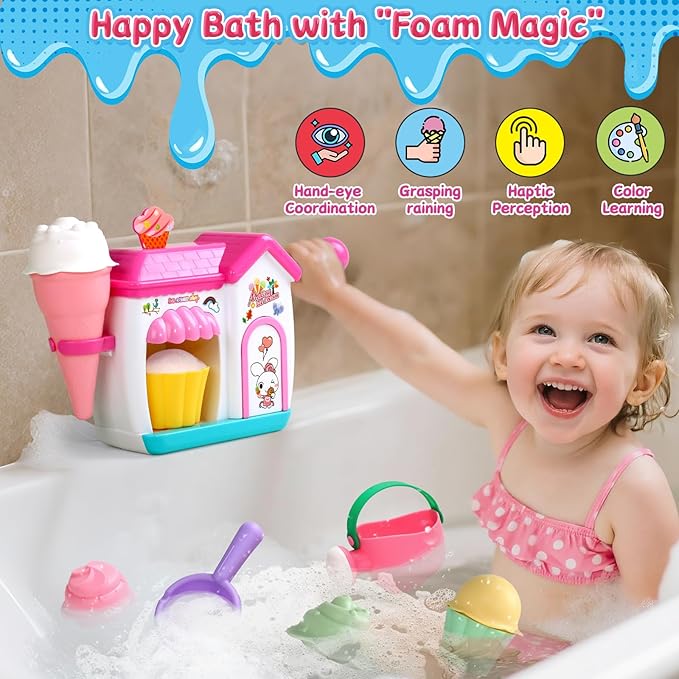 Bath Toys for Kids Ages 4-8 3-5 Toddler Bath Toys Bathtub Ice Cream Foam Maker Bubble Pretend Cake Play Set Water Toys Birthday Gifts for 2-4 5 6 Year Old Girls Boys