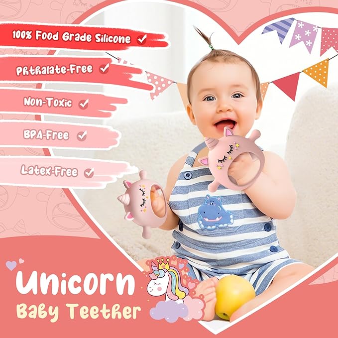Teething Toys for Babies 6-12 Months, Tinabless Unicorn Never Drop Silicone Teether Designed for Babies 0-6 Months, Car Seat Toy for New Born, Natural Organic Baby Teether for Boys&Girls, Pink