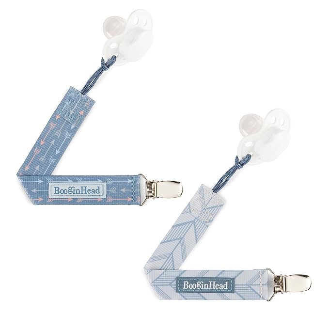 BooginHead by Infantino PaciGrip 2-Pack Pacifier Clips – Universal Fit, Gentle on Clothes, Keeps Pacifiers Clean & Close, Ages 0-36 Months, Blue Arrows
