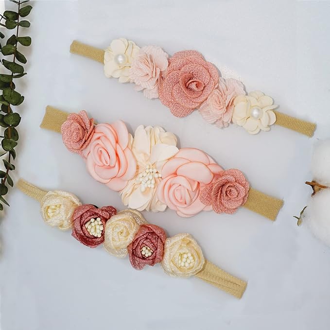 Baby Girl Flower Headbands Set, 3pcs Elastic Nylon Floral Hair Band, Bows Wrap for Infant Newborn Toddler