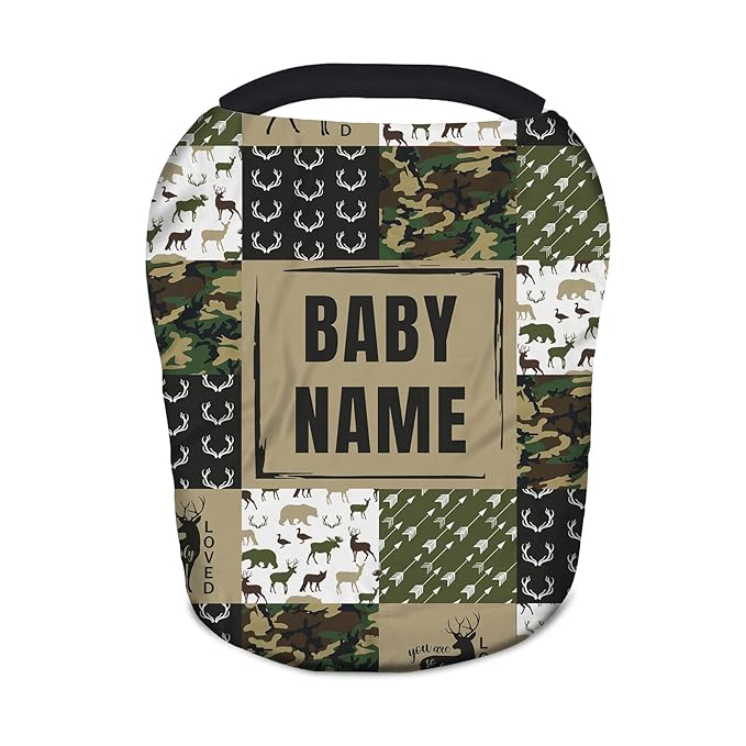 Personalized Baby Car Seat Covers with Name, Custom Nursing Cover Breastfeeding for Babies, Carseat Canopy for Boys and Girls, Infant Stroller Cover, Breathable Carseats Cover(Army Green Woodland)