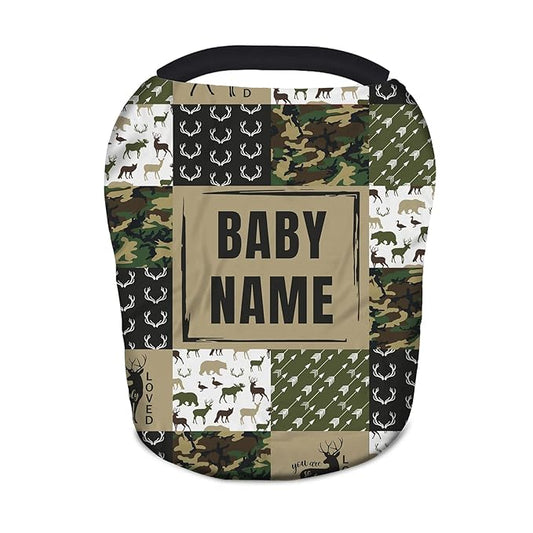 Personalized Baby Car Seat Covers with Name, Custom Nursing Cover Breastfeeding for Babies, Carseat Canopy for Boys and Girls, Infant Stroller Cover, Breathable Carseats Cover(Army Green Woodland)