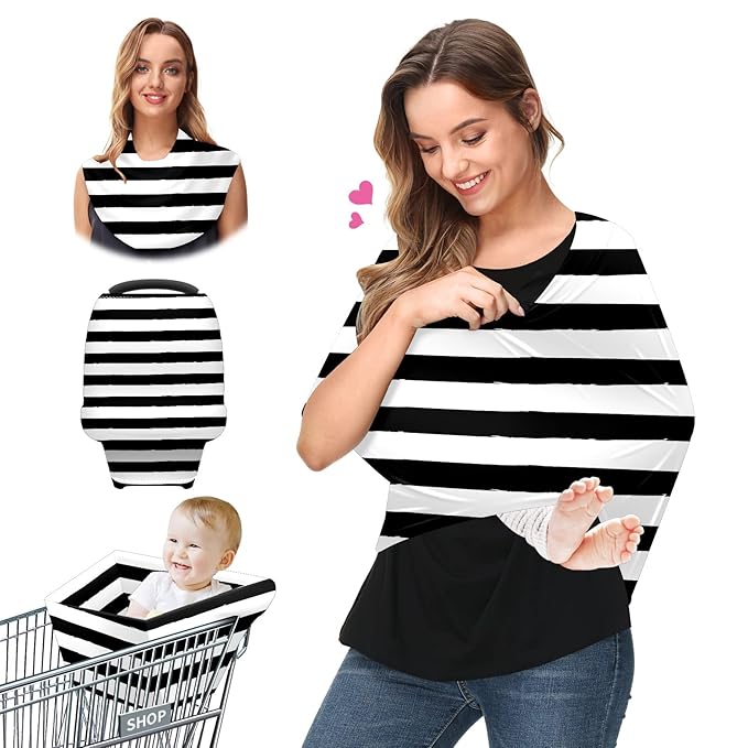 Baby Car Seat Stroller Covers Black and White Stripes Nursing Cover Breastfeeding Scarf Soft Breathable Stretchy Coverage Carseat Canopy Cover for Boys and Girls Soft Breathable Multi Use