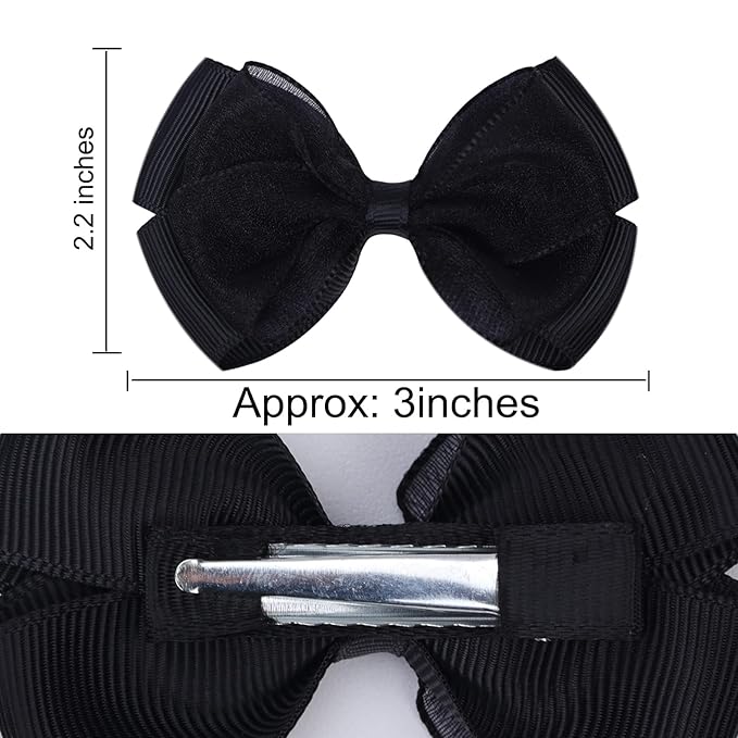 Tiny 3 Inch Organza Double Hair Bow Clips - Lined Boutique Alligator Hairpin for Baby Girls, Toddlers, and Little Teens - Kids Barrettes Set of 2 Small Stylish (Black)