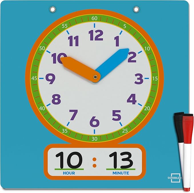 Scribbledo Writable Dry Erase Learning Clock for Kids Write & Wipe Demonstration Clock for Kids Learning to Tell Time Classrooms and Homeschool Supplies
