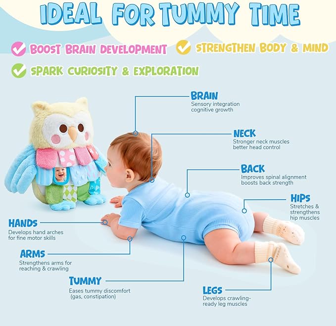 JoyCat Sensory Owl Baby Toy for 0-12 Months, 13''Soft Tummy Time Infant Toy with Multi-Textured Crinkle Feathers, Baby Mirror, Stuffed Animal Plush Montessori Easter Gifts for Newborn Boys and Girls