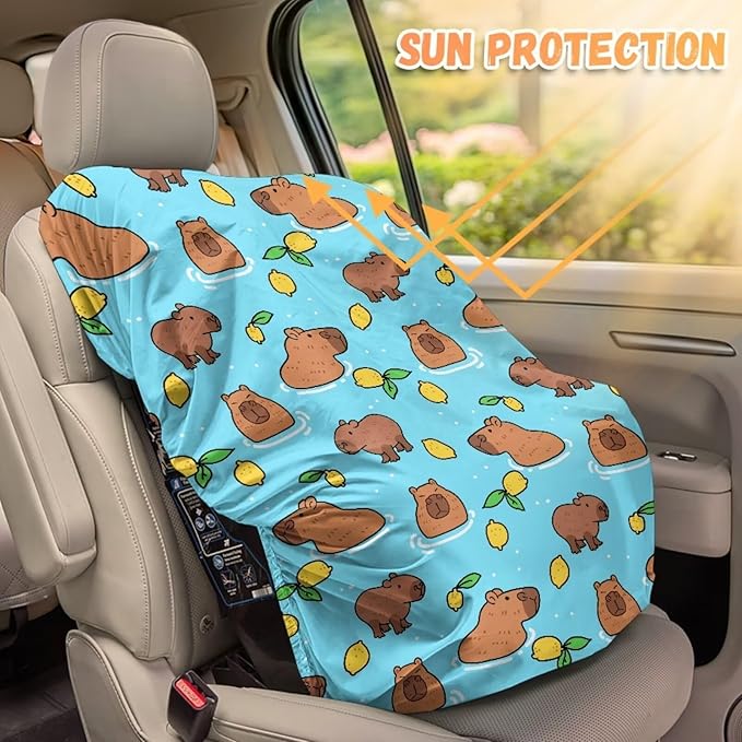 Capybara Car Seat Cover Baby Car Seat Sun Shade Cover with Elastic Band, Foldable Carseat Covers Keep Baby Cool and Child Safety for Travel