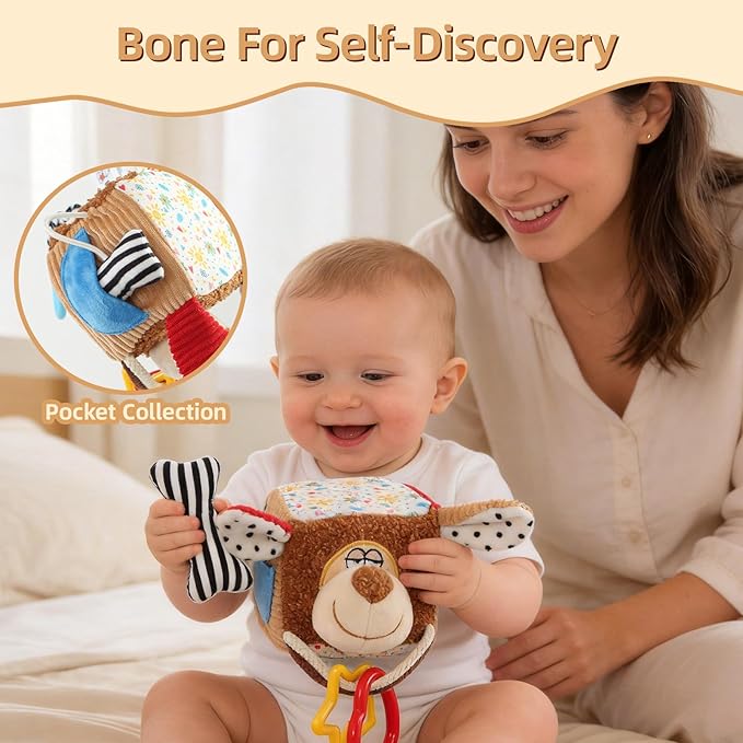 Hanging Baby Toy Cube for Car Seat, Infant Sensory Toys 0-6-12 Month, Montessori Plush Toys for Plane Travel Game Activity with Crinkle, Squeaky, Textures, Mirror Nowborn Baby Boy Girl Gifts