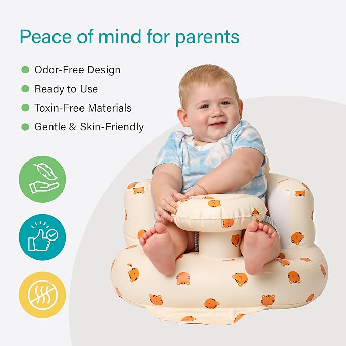 Solens Inflatable Baby Seat for Sitting Up with Tray & Back Support, Baby Sit Up Chair with Built-in Air Pump, Waterproof Floor Seat for Infants & Toddlers, Includes Carry Pouch, Tiger