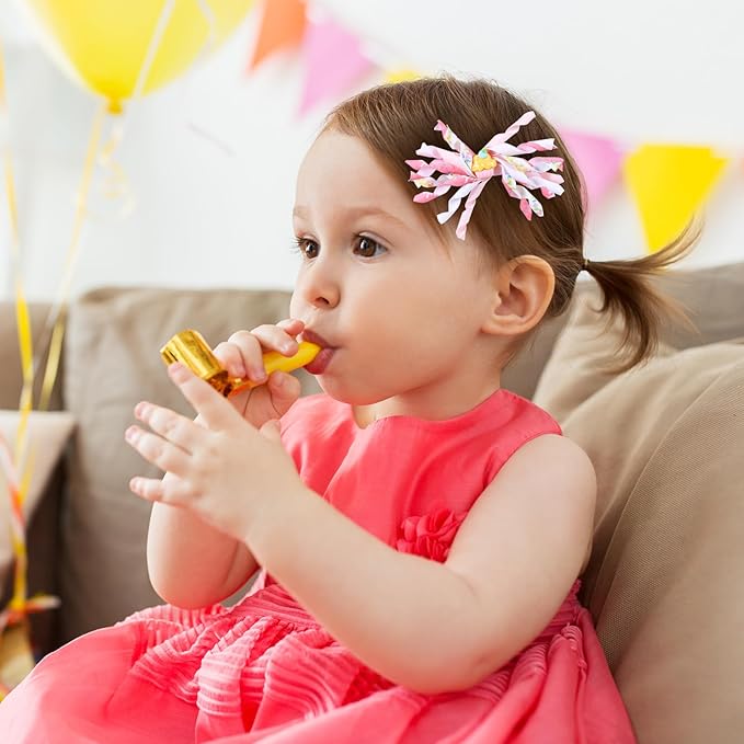 4pcs Happy Birthday Korker Hair Bow Clips for Baby Toddler Girls Ages 1-6, Pink Confetti Sprinkle Curly Ribbon Hairpins Alligator Barrettes,Kids Ice Cream Party Dress Accessory Gift