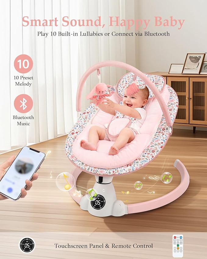 Baby Swing for Infants, Electric Baby Swing with Bluetooth, Portable Infant Swing with 5 Speeds, 10 Lullabies, 5-Point Harness & Remote Control, for Newborns Infants Indoor Outdoor Use (Pink)