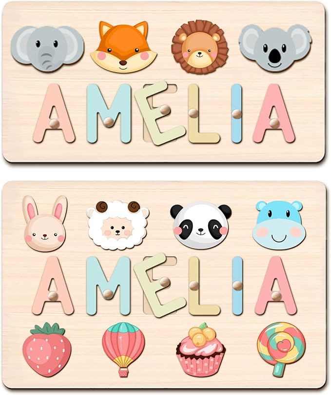 WNNNS Name Puzzles for Kids Easter Basket Stuffers Personalized Baby Gifts for Boys Girls Wooden Puzzle Toys for Toddler 1-3 Customized 1st Birthday Gifts Montessori Learning Toys with Gift Wrapping