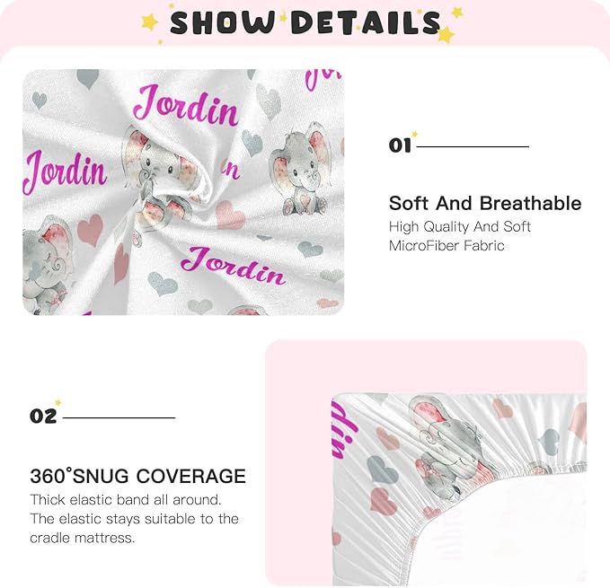 Personalized Pack and Play Sheets for Baby Girls - Custom Name Mini Crib Sheets, Soft and Breathable Material (Elephant Pink)