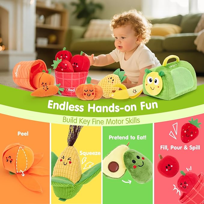 hahaland Montessori Toys for 1 Year Old - 17 PCS My First Fruit Vegetable Sensory Toys Color Sorting Plush Play Food with Caterpillar Storage Bag, 6 9 Month Old Baby Toys 6-12 Months One Year Old Gift