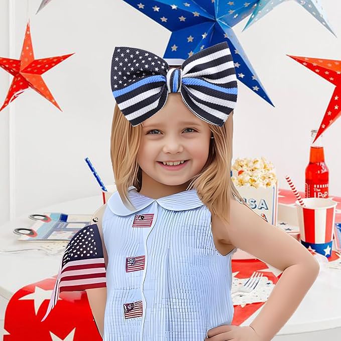 YanJie 7" Baby Girls Headbands National Police Week Hair Bow Blue Line Flag Printed Headbands Police Support Nylon Headband Infant Bows Gift