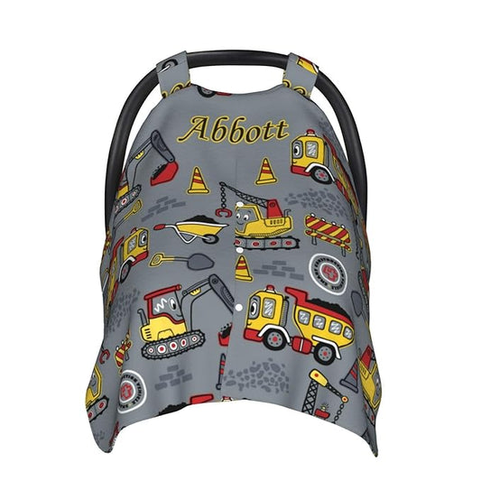 Personalized Baby Car Seat Canopy for Babies with Name, Custom Construction Stroller Car Seat Covers for Boys Girls, Nursing Carseat Cover for Breastfeeding, Car Seat Canopies for Infant Newborn