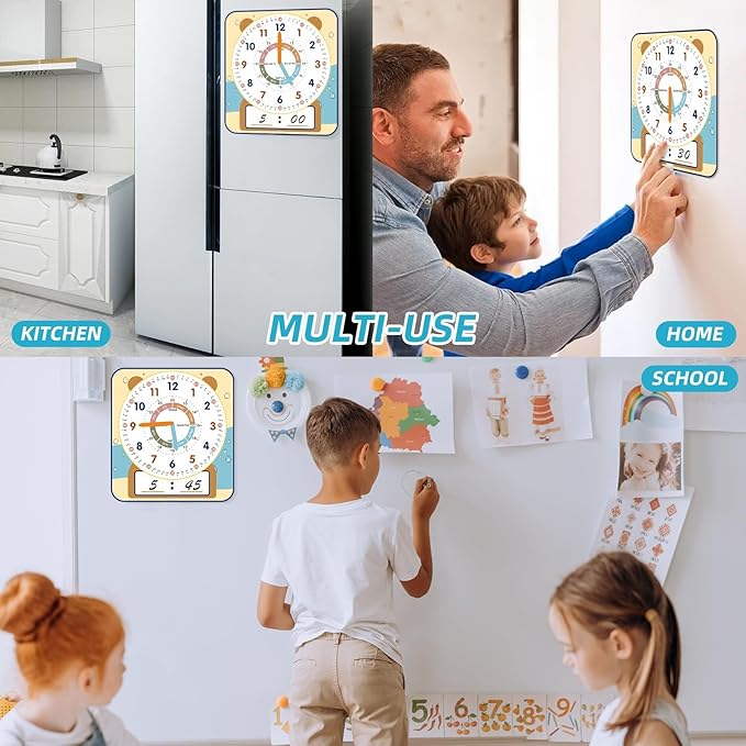 ANCOMEDO Large 12" Magnetic Writable Dry Erase Teaching Clock with Cute Style, Teaching Demonstration Clock for Kids Learning Practice Time for Home School Classroom Supplies (12" x11"-Beige)