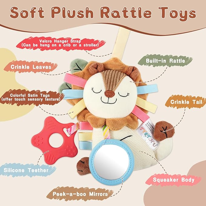 TYRY.HU Car Seat & Stroller Activity Toy,Soft Plush Cot Hanging Toy, Baby Rattle Toy with Strap,Developmental Sensory Toy-Textured Ribbons&Teether&Mirror&Crinkle Sounds for Infants 0 3 6 12 Months
