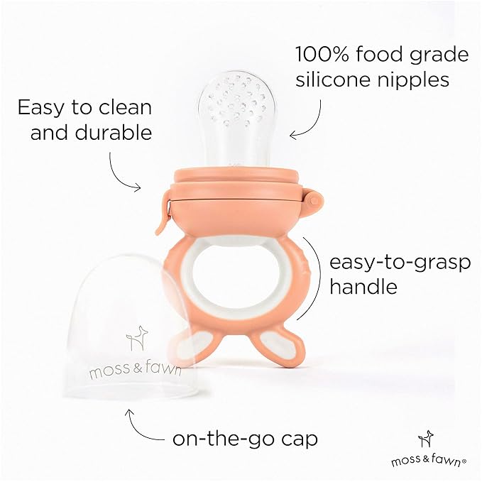 Moss and Fawn Little Explorer Kit - Silicone Frozen Breast Milk Popsicle Kit with Forage Feeder, Teething Popsicle Ice Cube Tray, & Gather & Roll Baby Feeding Bib - BPA, PVC, & Lead-Free - Bloom