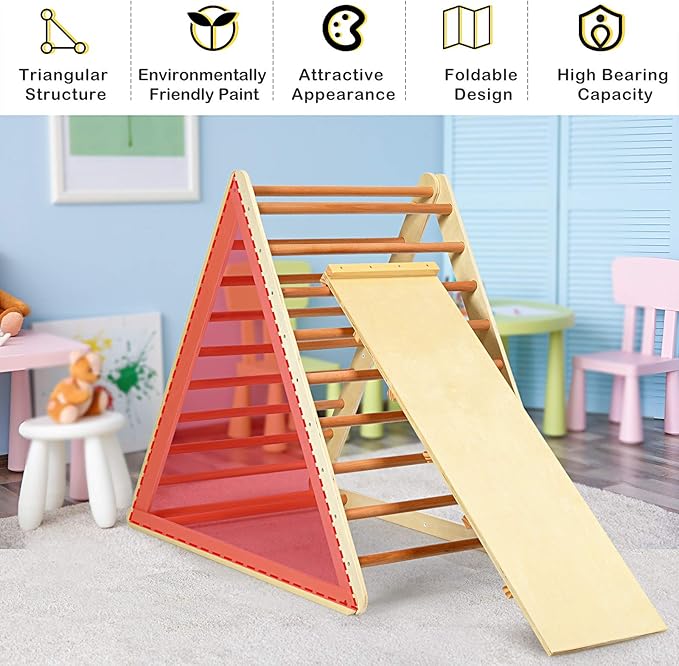 HONEY JOY Triangle Climber with Ramp, 2-in-1 Indoor Toddler Climbing Triangle Set with Ladder & Slide, Foldable Wooden Kids Climbing Toys for Playground, Gym & Daycare, Gift for Boys Girls (Natural)