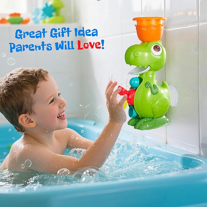 Dinosaur Bath Toys for Kids Ages 1-3, Baby Bath Toy with 4 Water Cups and Spinning Wheels, Fun Educational Bathtub Toy for Kids Age 2-4 Boys and Girls, Suction Cup Wall Mount
