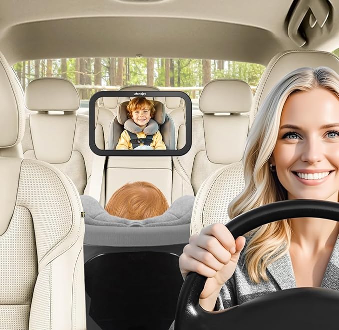 MONOJOY Baby Car Mirror Travel Car-Seat Infant Mirrors Safety Kids Rear View for Rear Facing with Wide View 360° Rotating|Adjustable|Shatterproof Convex Child Mirror, 11.8 ″ x 7.25 ″, Black