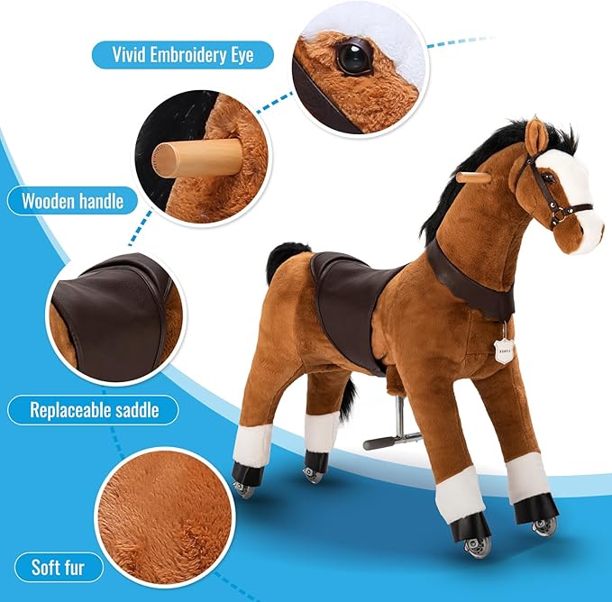 UFREE Ride on Horse, Horse Ride on Toy, Mechanical Horse, Plush Animal, Black Mane and Tail, Age 4-9