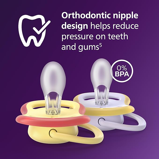 Philips Avent Ultra Air Pacifiers - Orthodontic Design, for Babies 0-6 Months, Soft Silicone Symmetrical Nipple, BPA-Free, 2 Sterilizing Cases, 4 Pack, SCF087/20