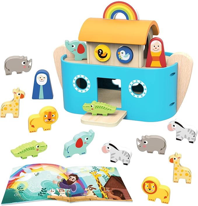 TOOKYLAND Noah's Ark Toys for Toddlers Wooden Animal Shape Sorter Toys, Baptism Gifts for Boys and Girls, Bible Story Toy with Story Book, Montessori Educational Toys for 2 3 4 Year Old