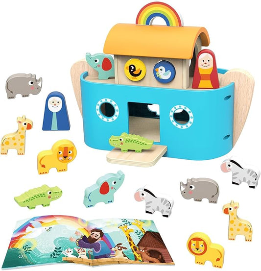 TOOKYLAND Noah's Ark Toys for Toddlers Wooden Animal Shape Sorter Toys, Baptism Gifts for Boys and Girls, Bible Story Toy with Story Book, Montessori Educational Toys for 2 3 4 Year Old