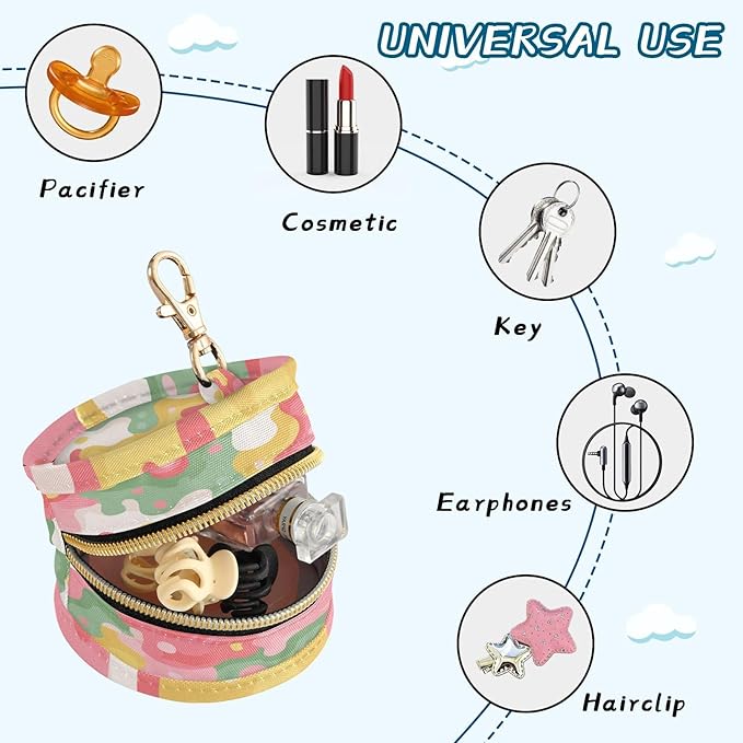Pacifier Holder with Clip Pacifier Case for Diaper Bag Round Baby Pacifier Pouch Box Bag Portable Multicolored Drips