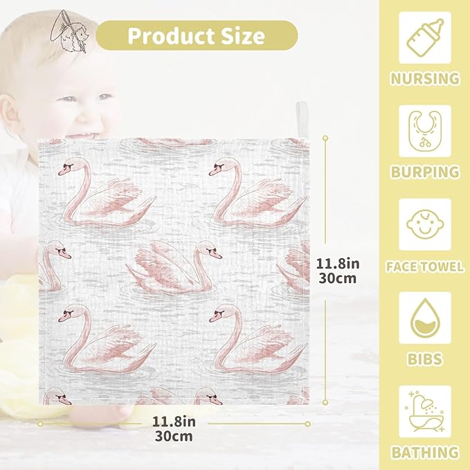 vvfelixl Pale Pink Swans Baby Burp Cloths Baby Muslin Washcloths for Boys Girls Cotton Babys Face Towel for Newborn Infants Soft and Absorbent 11.8 X 11.8 in, 5 Pack