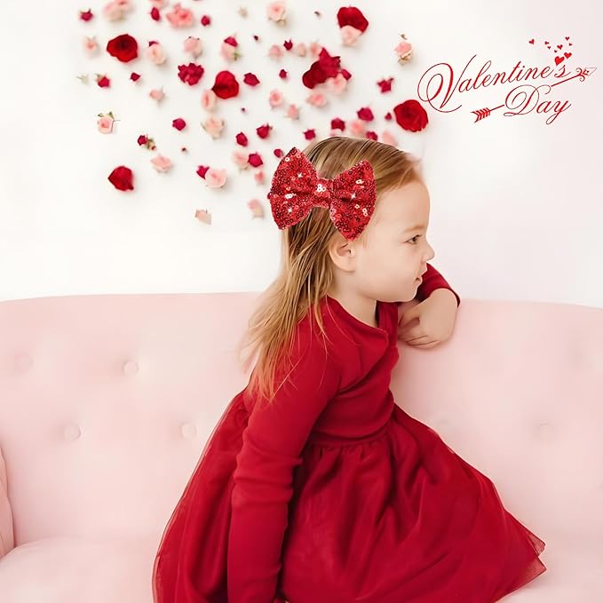Valentines Red Hair Clip, 4pcs Pink Red Bow Hair Accessories for Little Teen Girls Toddler Kids, Sparkly Bows Toddler Glitter Hair Clips Alligator Clips, Back to School