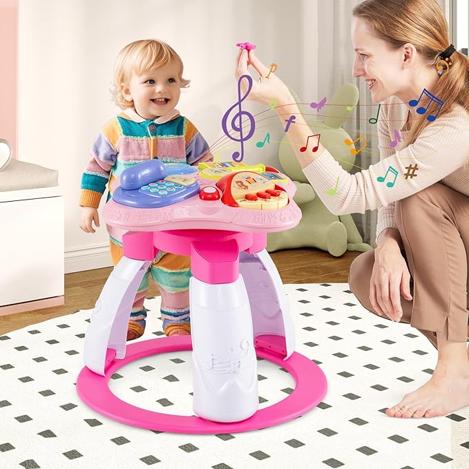 INFANS 3 in 1 Walk Around Baby Activity Center, Baby Walker with Play Table, Wheels, Detachable Seat Cushion, 3 Adjustable Heights, Learning Toys for Boys Girls Aged 6-36 Months (Pink)