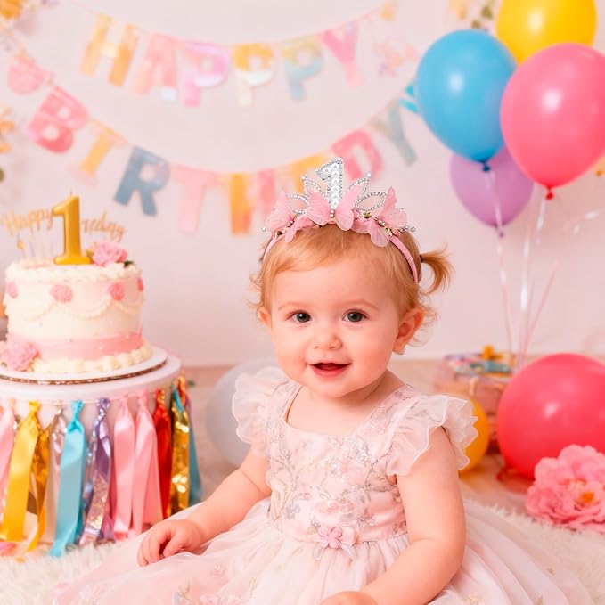 cherrboll Baby Girl Birthday Crown Floral Headband, Soft Flower Head Wrap Tiara Hairband for 1-3 Years Old Toddlers Kids First 1st Birthday Party Dress Photo Decoration