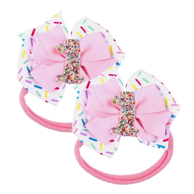 2pcs Birthday Hair Bow for Baby Girls, Sprinkle Confetti 1st Birthday Girl Headband, Ice Cream Party Theme Bow Clips for Baby Girls Pink Hair, Happy 1st Birthday Girl Hair Bow Clips