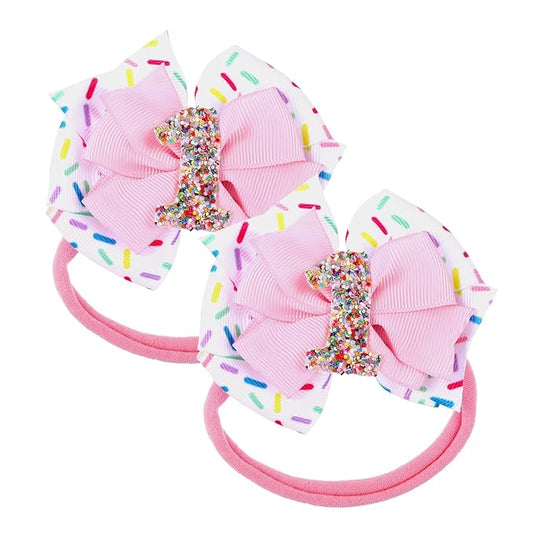 2pcs Birthday Hair Bow for Baby Girls, Sprinkle Confetti 1st Birthday Girl Headband, Ice Cream Party Theme Bow Clips for Baby Girls Pink Hair, Happy 1st Birthday Girl Hair Bow Clips