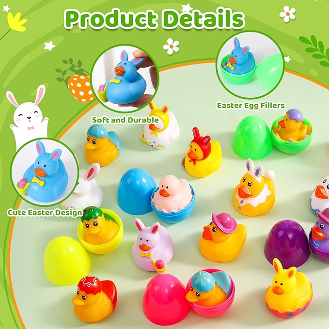 18 Pcs Easter Rubber Ducks with 18 Pcs Easter Eggs, Easter Ducks for Jeeps Easter Egg Fillers Basket Stuffers Party Favors, Rubber Ducks for Ducking Bath Toys for Kids Toddler with a Storage Bag
