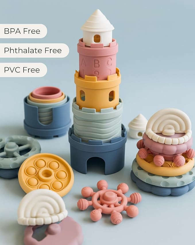 Hippypotamus Stacking Cups - Silicone Baby Stacking Toys - Montessori Soft Nesting Cups for Babies - Castle