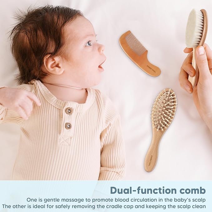 DEBETOOL Baby Hair Brush and Comb Set for Newborns & Toddlers - Wooden Baby Brush Set With Soft Goat Bristle and Toddler Comb, Ideal for Cradle Cap